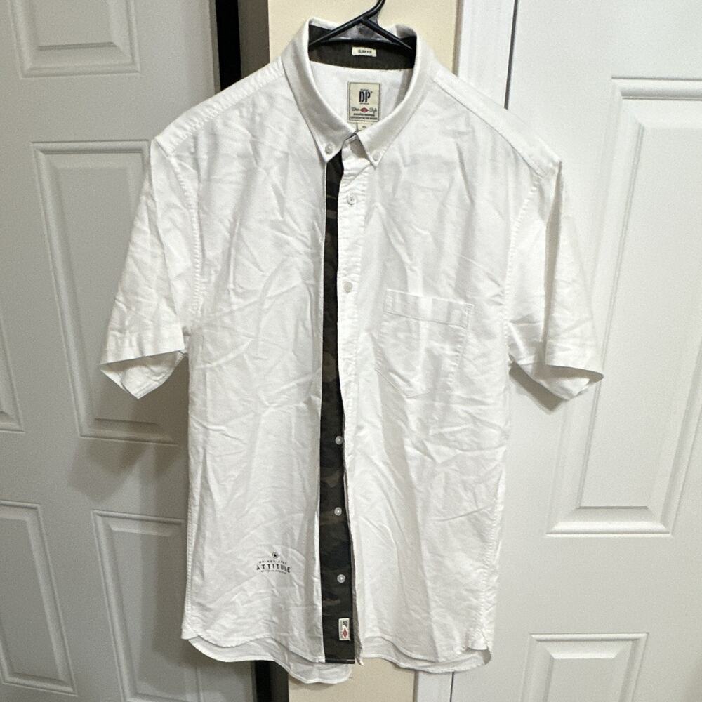 DP Men's XL White Short Sleeve Woven Cotton Slim Fit Button-Up Shirt Pockets